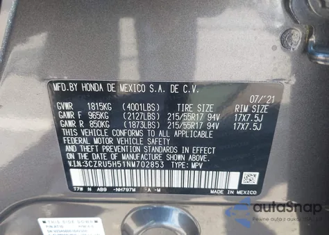 2022 Honda Hr-V 2Wd Ex z USA, uszkodzony, nr VIN 3CZRU5H51NM702853